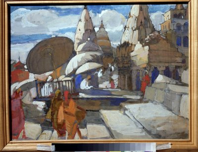 Um pagode em Benares (Índia). Descrição das ruas e edifícios indianos, com algumas pessoas em trajes tradicionais envolvidas em actividades diárias. Pintura de Alexei Ilyich Kravchenko (1889-1940), óleo sobre tela de Aleksey Kravchenko
