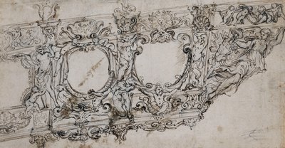 Projeto para a proa da galeria do Papa Urbano VIII com as armas Barberini das abelhas e do sol, Ignudi, tritões, hipocampos, Putti e uma alegoria da vitória como figura de proa abaixo das letras VRBA em de Alessandro Algardi