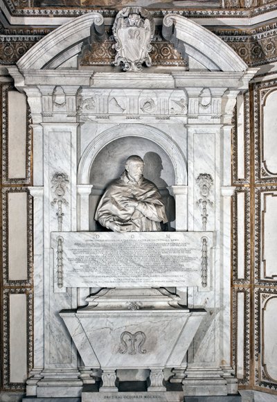 Monumento funerário em homenagem ao Cardeal Giovanni Garcia Mellini com retrato em busto Escultura em mármore de Alesssandro Algardi (1598-1654) 1630 ao redor da Basílica de Santa Maria del Popolo, Cappella Mellini de Alessandro Algardi