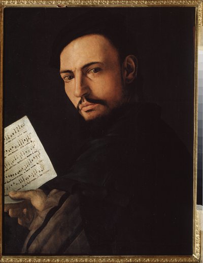 "Retrato de um cantor" (Um cantor) Pintura de Alessandro Allori, conhecido como o Bronzino (1535-1607) Galeria de Arte Regional, Tambov, Rússia de Alessandro Allori