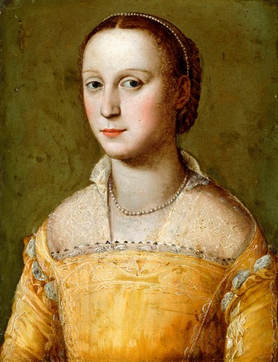 Retrato de Eleanora d "Este, meio comprimento, usando um vestido dourado, de Alessandro Allori