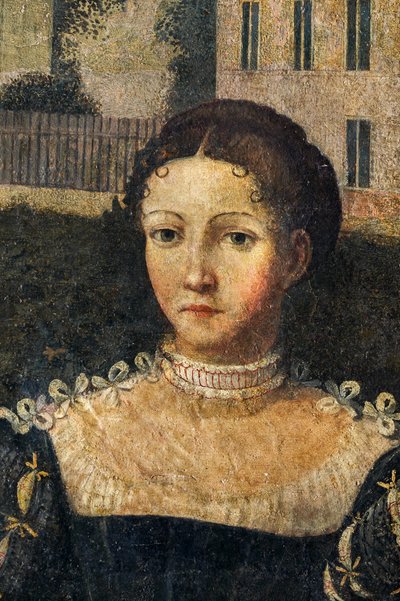 Retrato de uma nobre mulher, detalhe da Pequena Sala das Nobres Senhoras (óleo sobre tela colado nas paredes) de Alessandro Bonvicino Moretto