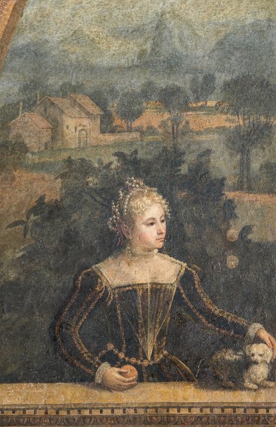 Retrato de uma nobre mulher, detalhe da Pequena Sala das Nobres Senhoras (óleo sobre tela colado nas paredes) de Alessandro Bonvicino Moretto