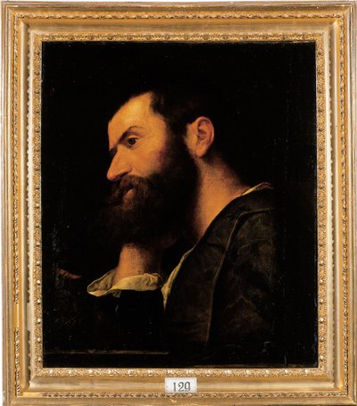 Retrato do poeta Pietro Aretino, comprimento do busto, com a cabeça apoiada na mão direita por uma saliência com uma planta de Alessandro Bonvicino Moretto