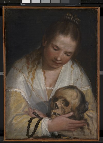 Uma jovem contemplando um crânio de Alessandro Casolani