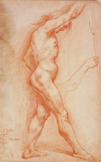 Homem nu de pé com um cajado de perfil à direita e um esboço para o braço direito de Alessandro Gherardini