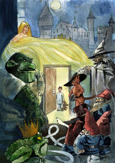Uma criança protagonizando os personagens dos contos de fadas como Gato de botas, uma princesa e um sapo, Sete Anões de Alessandro Lonati