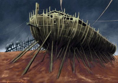 Um par de elefantes montam a bordo da Arca do Noé. Desenho colorido por Alessandro Lonati. de Alessandro Lonati