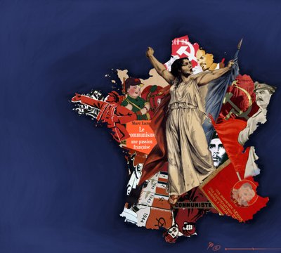 Uma mariana contra um pano de fundo de colagem comunista. Alegoria do comunismo em França. 2010 Desenho a cores de Alessandro Lonati. de Alessandro Lonati
