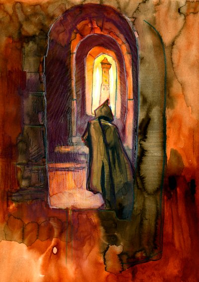 Um monge num castelo assombrado Ilustração de Alessandro Lonati de Alessandro Lonati
