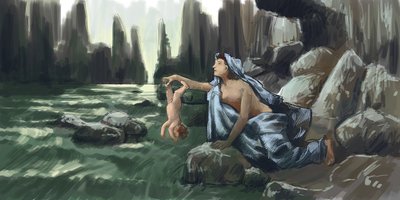 A mãe de Aquiles a mergulhar o seu filho no rio Styx para o tornar invulnerável Desenho Alessandro Lonati 2015 de Alessandro Lonati
