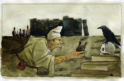 Alquimista no seu laboratório com um corvo, uma caveira Ilustração de Alessandro Lonati de Alessandro Lonati