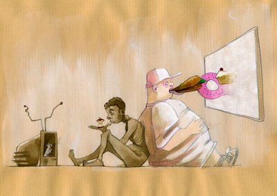 A representação alegórica da nossa sociedade comum como sociedade de consumo é exagerada como um jovem ocidental obeso a engolir fast food (junk food) em frente a um ecrã gigante, adosse um homem esfomeado a olhar desesperadamente para um garanhão de maçã  de Alessandro Lonati