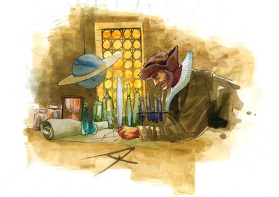 Um alquimista no seu laboratório rodeado de frascos e alambiques examinando o conteúdo de um frasco (alquimista no seu laboratório rodeado de frascos e alambiques) de Alessandro Lonati