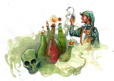 Um alquimista no seu laboratório rodeado de frascos e alambiques examinando o conteúdo de um frasco (alquimista no seu laboratório rodeado de frascos e alambiques) de Alessandro Lonati