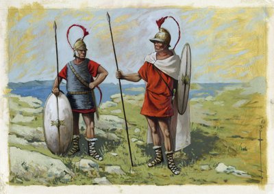 Grécia antiga: tureophore mercenary (Thureophoros ou Thureophoroi) (século III-1º a.C.) (direita) e Thorakitai (Thorakitai) (esquerda). Desenho de Alessandro Lonati de Alessandro Lonati