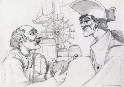 Pirata de Caraibes numa estalagem com uma garrafa. Desenho de Alessandro Lonati. de Alessandro Lonati