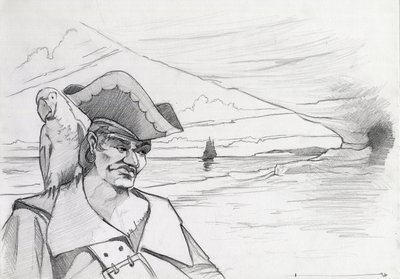 Pirata das Caraíbas com papagaio à procura de um tesouro numa caverna numa praia, com galeão. Desenho de Alessandro Lonati. de Alessandro Lonati