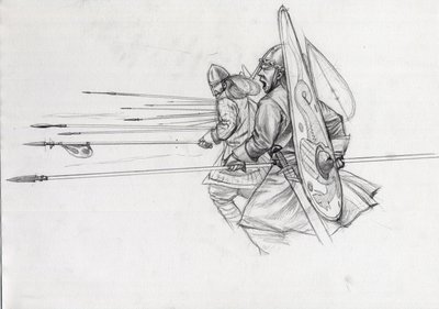 Encargo dos guerreiros normandos da infantaria na Batalha de Hastings em 1066. Desenho de Alessandro Lonati. de Alessandro Lonati