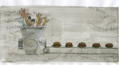 Sociedade de consumo: produção de junk food, hambúrguer feito com restos humanos e animais (consumismo: produção de junk food, hambúrguer feito com restos humanos e animais) Ilustração de Alessandro Lonati de Alessandro Lonati