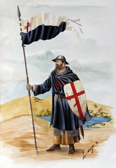 Cruzadas: um cavaleiro da Ordem dos Templários vestindo vestido preto com a Cruz Vermelha. Ilustração de Alessandro Lonati de Alessandro Lonati