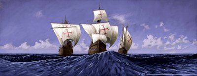 Descubra a América: a "Pinta", a "Nina" e a "Santa Maria", as caravelas de Cristóvão Colombo durante a expedição de 1492. Ilustração de Alesandro Lonati. 2010 de Alessandro Lonati