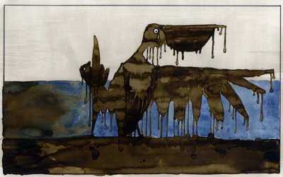 Desastre ecológico: um pássaro oleado numa praia após o afundamento de um petroleiro Ilustração de Alessandro Lonati de Alessandro Lonati