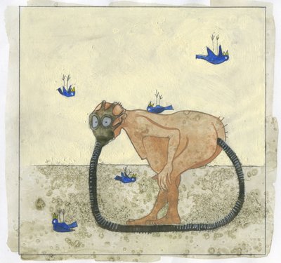 Ecologia e poluição do ar: método de depuração do ar, um homem respira os seus próprios gases corporais através de uma máscara (Ecologia e poluição do ar) de Alessandro Lonati