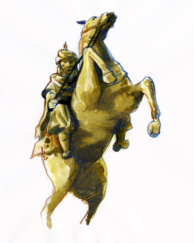 Retrato equestre de Oqba Ibn Nafi Al Fihri (622-683) General árabe enviado à cabeça das armees muçulmanas por Muawiya Ie (602-680) - (Uqba ibn Nafi ou Oqba ibn Nafi, Uqba bin Nafe, Uqba ibn al Nafia, ou Akbah General árabe) Desenho de Alessandro Lonati