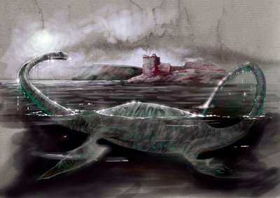 Monstros e criaturas fantásticas, criptozoologia: representação de Nessie, o monstro de Loch Ness na Escócia - Desenho de Alessandro Lonati, 2012 de Alessandro Lonati