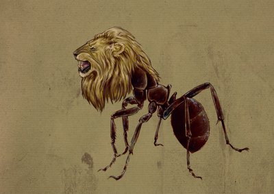 Fantásticos monstros e criaturas, criptozoologia: representação de um Mirmecoleo, formiga com cabeça de leão - Desenho de Alessandro Lonati, 2012 de Alessandro Lonati