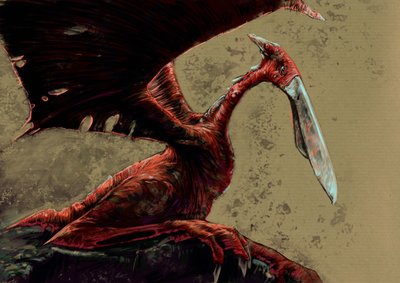 Fantásticos monstros e criaturas, criptozoologia: representação de um kongamato, uma criatura volátil semelhante a um pterossauro que se diz ter sido vista nos pântanos de Jiundu do distrito de Mwinilunga na Zâmbia Ocidental - Desenho de Alessandro Lonati, de Alessandro Lonati
