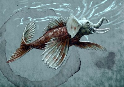 Monstros e criaturas fantásticas, criptozoologia: representação de um makara, animal aquático do mitológico bestiário da Índia, tem um tronco que o aproxima do elefante marinho, o dente do crocodilo e uma cauda de peixe - Desenho de Alessandro Lon de Alessandro Lonati