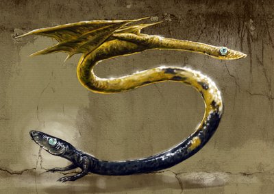 Monstros e criaturas fantásticas, criptozoologia: representação de uma Anfisbene, cobra mitológica com duas cabeças - (Anfisbaenamitológico, serpente comedora de formigas com uma cabeça em cada extremidade) Desenho de Alessandro Lonati, 2012 de Alessandro Lonati