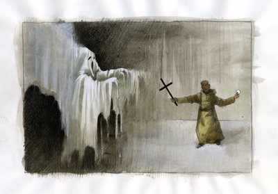 Luta entre um monge segurando um crucifixo e um fantasma Ilustração de Alessandro Lonati de Alessandro Lonati