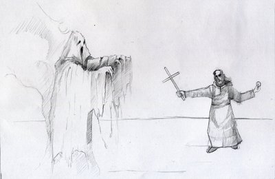 Luta entre um monge segurando um crucifixo e um fantasma Ilustração de Alessandro Lonati de Alessandro Lonati