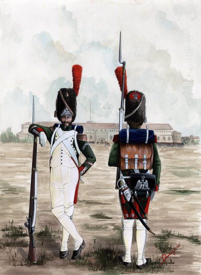 Primeiro Império (1804-1814 e 1815): Soldados granadeiros da Guarda Real da Grande Armee Napoleónica na praça do Castelo de Sforzesco em Milão, Itália. Desenho de Alessandro Lonati de Alessandro Lonati