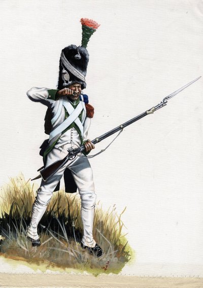 Primeiro Império (1804-1814 e 1815): Soldado velítico do grande exército napoleónico em Itália, abrindo um cartucho. Desenho de Alessandro Lonati de Alessandro Lonati