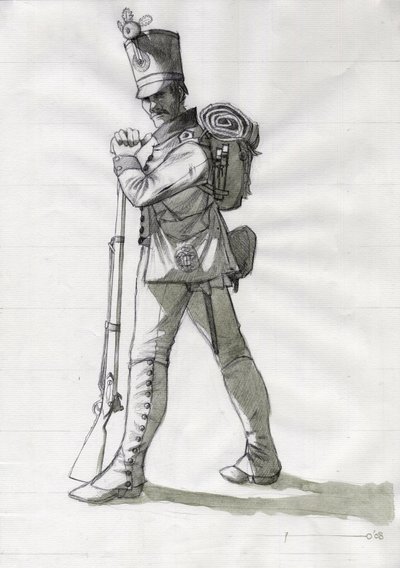 Primeiro Império (1804-1814 e 1815): fato de soldado de infantaria da linha de infantaria do exército austríaco-húngaro (Austro-Húngaro). Desenho de Alessandro Lonati de Alessandro Lonati