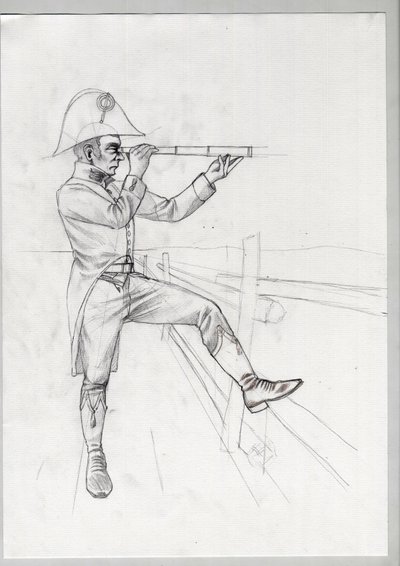 Primeiro Império (1804-1814 e 1815): soldado sénior do grande exército napoleónico francês em observação com uma visão longa (visão longa). Desenho inacabado de Alessandro Lonati. de Alessandro Lonati