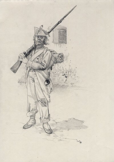 Primeiro Império (1804-1814 ou 1815): soldado do exército napoleónico, soldado de infantaria de uma brigada de cavaleiros de um forte. Desenho de Alessandro Lonati de Alessandro Lonati