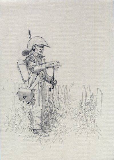 Primeiro Império (1804-1814 ou 1815): soldado do exército napoleónico, caçador de soldados de infantaria (infantryhunter). Desenho de Alessandro Lonati de Alessandro Lonati