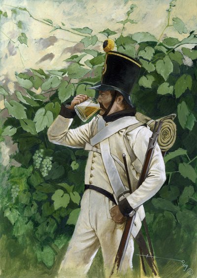 Primeiro Império: Oficial de infantaria de linha austríaca a beber uma caneca de cerveja. Desenho de Alessandro Lonati de Alessandro Lonati