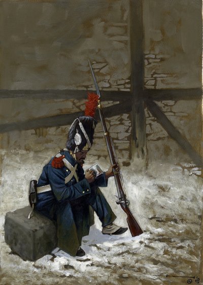 Primeiro Império: Granadeiro de guarda com um casaco sentado na neve. Desenho de Alessandro Lonati de Alessandro Lonati