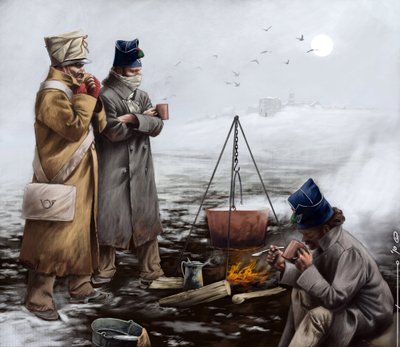 Primeiro Império: Soldados de infantaria ligeira aquecendo-se à volta de um incêndio, ou fervendo a panela durante uma campanha de Napoleão I (provavelmente na Rússia) no início do século XIX. Ilustração de Alesandro Lonati. 2010 de Alessandro Lonati