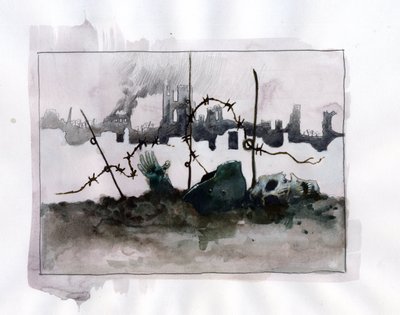 Primeira Guerra Mundial: Alegoria de guerra com capacete de crânio em barbas contra fundo de ruínas Desenho colorido por Alessandro Lonati de Alessandro Lonati