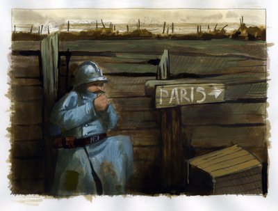 Primeira Guerra Mundial: um exército francês peludo perto de um sinal que indica Paris de Alessandro Lonati