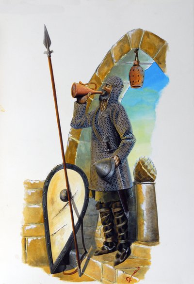Primeira cruzada: uma grua em repouso, equipada com o seu casaco de malha, bebe a garrafa, o seu escudo e a sua lança são colocados perto dele. Ilustração de Alessandro Lonati de Alessandro Lonati