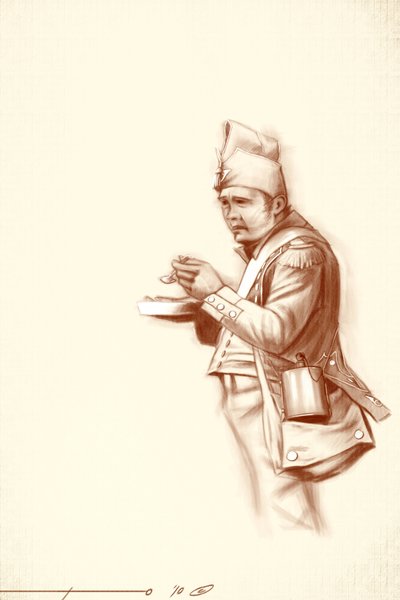 Primeiro império: soldado de infantaria ligeira durante uma refeição durante uma campanha de Napoleão I (provavelmente na Rússia) no início do século XIX. Ilustração de Alesandro Lonati. 2010 de Alessandro Lonati