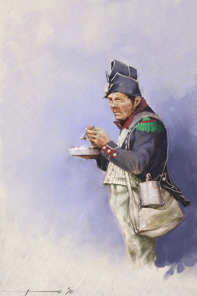 Primeiro império: soldado de infantaria ligeira durante uma refeição durante uma campanha de Napoleão I (provavelmente na Rússia) no início do século XIX. Ilustração de Alessandro Lonati. 2010 de Alessandro Lonati